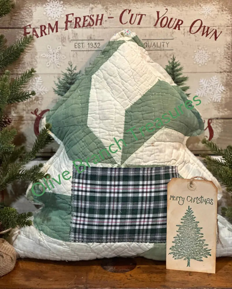 Vintage Quilt Christmas Tree Pillow With Pocket Pillow