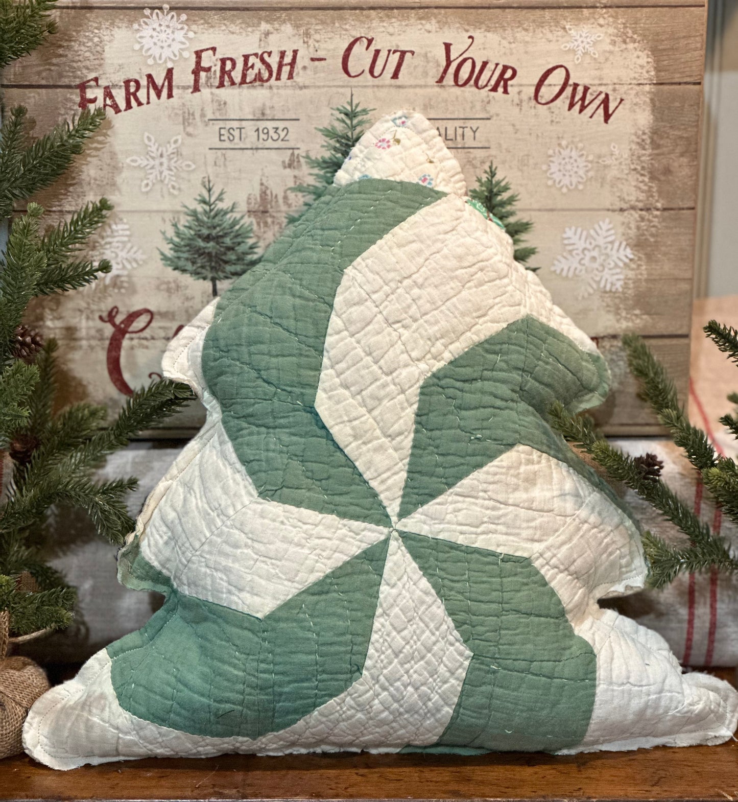 Vintage Quilt Christmas Tree Pillow