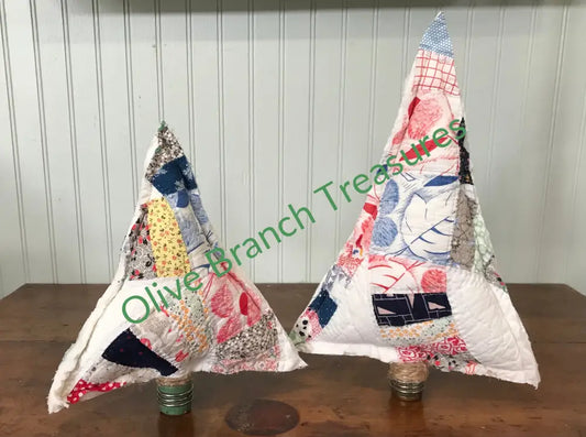 Set Of 2 Vintage Quilt Christmas Trees Tree On Spool