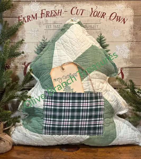 Vintage Quilt Christmas Tree Pillow With Pocket Pillow