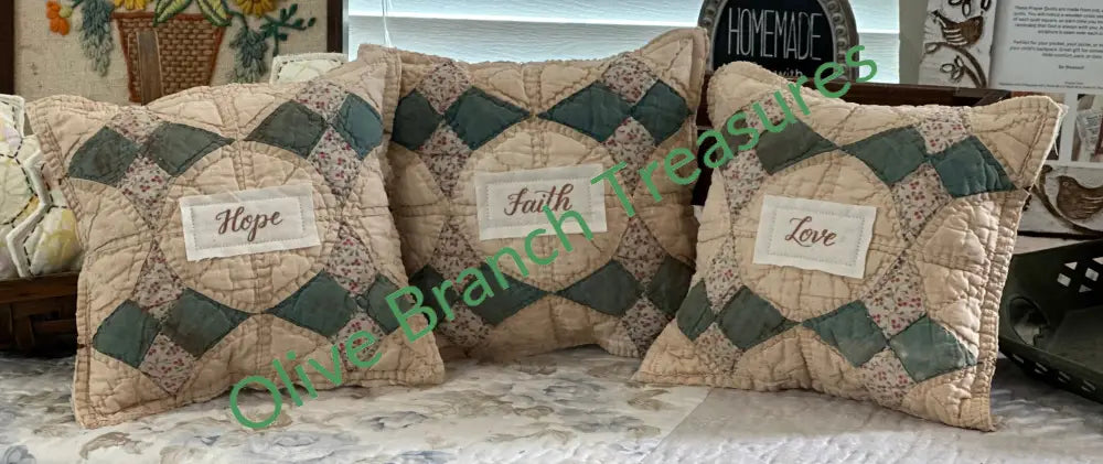 Vintage Quilt Trio - Faith Hope Love Decorative Pillow