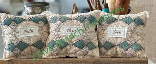 Vintage Quilt Trio - Faith Hope Love Decorative Pillow